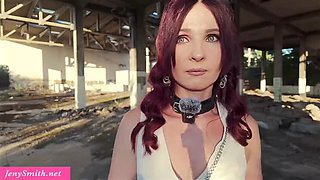 Sexy redhead Jeny Smith gets caught stripping naked at abandoned construction site outdoor
