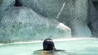 Monika Fox In Blue Bikini Swims In Pool In Paradise Place