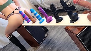 Sexy Plump-assed Babe Rides Different Dildos Put In a Row To Choose the Best One