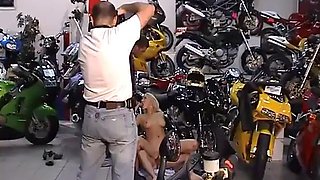 Alice in a biker shop