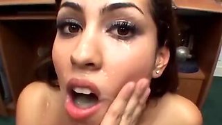 Black and white cocks shoot loads all over her face