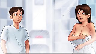 Naughty gamer gets a blowjob from big tits mom in the bathroom
