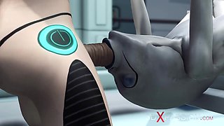Alien lesbian sex in sci-fi lab. Female android plays with an alien