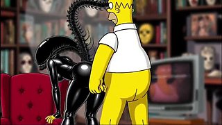 Halloween Hentai: Alien Simpsons Wife in Latex Costume Fucks Husband Hard in Wet Pussy