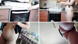 Sexy amateur wife prepares breakfast naked in the kitchen