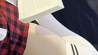 Long Legs Hottest Sexy Blonde in School Uniform Skirt and Over Knee Socks Empties Big Balls of a Big Dick Guy