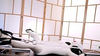 White latex doll gets her physical workout session with