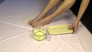 Golden shower session with sole fetish and food play; swallow and lick it all up