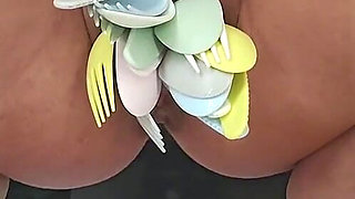 Stuffing My Mature Prolapse Pussy with Kitchen Tools Til I Squirt and Piss!