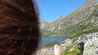 Public blowjob at the mountain lake - cum swallow