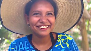 Cute peasant Latina chick is getting facialized in the jungle