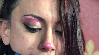 Small titted brunette teen fingering on the bed