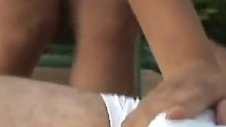 This girl with a hairy pussy loves to be seduced and fucked by her friend by the pool