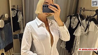 Sexy blonde tries on a teachers uniform. Sexy clothes fitting Hot babe tries on sexy clothes and flashes her boobs