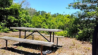 Almost caught! Older man fucks curvy MILF on picnic table