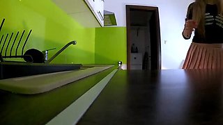 Skinny Blonde Wife Bonnie Dolce Bored in Kitchen Lifts Skirt Shows Cotton Panties