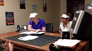 Sexy golf chicks riding principals dick at the office
