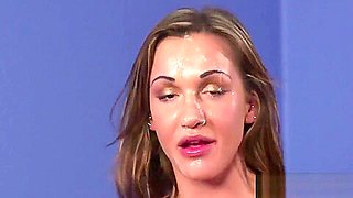 Nasty centerfold gets sperm shot on her face gulping all the jism