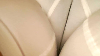 The Line of the MILF's Vagina Is Marked in Her Panties