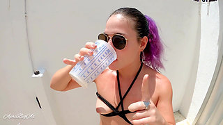 Drinking pee and cum swallow in outdoor garden!