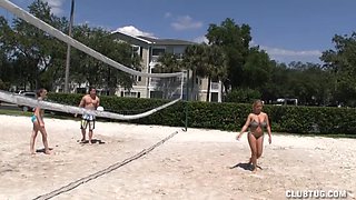 Outdoor volleyball leads to foursome masturbation on the couch