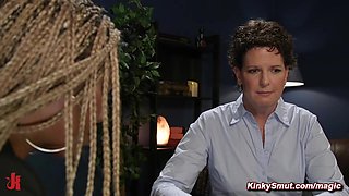 Cougar tied and fucked by lezdom