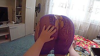 Lesbian with strapon fucked girlfriend with fat booty in small panties. POV.