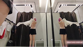 Hot mom tries on many panties in the changing room for the first time