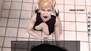 Nora gives Ales a deep throat blowjob in the nymph's restroom