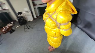 Ms Ungeniert Tied, Gagged And Hooded In Shiny Nylon Yellow Downjacket