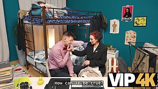 Redhead mature teacher feasts on a naughty student's big cock
