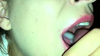 Homemade cum on tongue and swallow