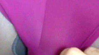 Pink nylon mask and grey pantyhose legs