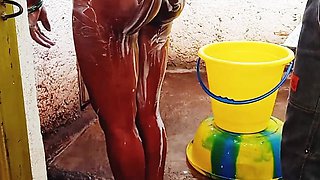 Outdoor Bathing My Pregnant Girlfriend in Dirty Environment