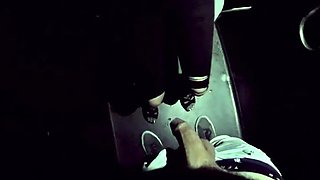 Brunette amateur milf wearing glasses giving handjob