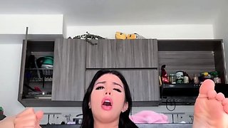 Busty babe playing with her big boobs