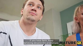 MATURE4K. Wild russian sex between naughty young neighbour and slutty MILF ended up with a creampie