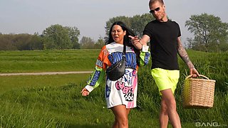 Kinky milf goes out in the field to blow her man and fuck him