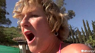 Busty Lesbian Poolside Foursome With Shaved Pussy - OLDNANNY