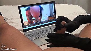 Preview Milf handjob jerks off a big dick until he cums on her gloves POV