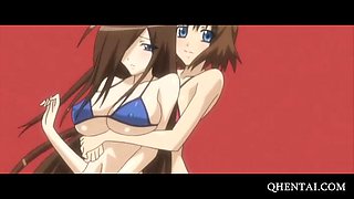 Two hentai girls fucked in 3some at the beach