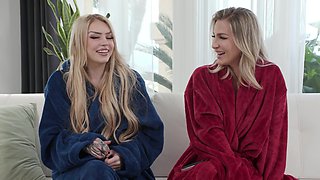 The backstage of the porn set with two hot blondes