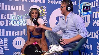 Latina blonde Naty Delgado tests a sybian and love machine during a podcast with Juan Bustos
