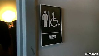 Trio bi-curious tarts sneak into the men's bathroom for an group sex