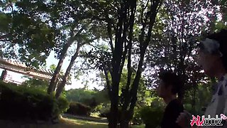 Japanese lady with big titties in kimono Saki Aoyama sucks dick outdoors uncensored.