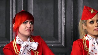 CFNM flight attendants tugging guy