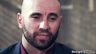 Teen student kneels while her teachers take out their cocks