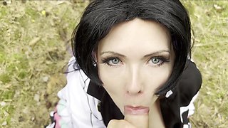 Hot busty girl in Demon Slayer Kanae cosplay enjoys her outdoor sex in the forest