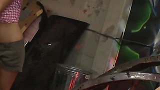 Pretty brunette, India Summer, gets it on with a rough looking dude in a garage, Squirts As She Gets Fucked