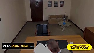Soccer step-soccer-mom saves her prankster stepson from expulsion by munching on the principals knob